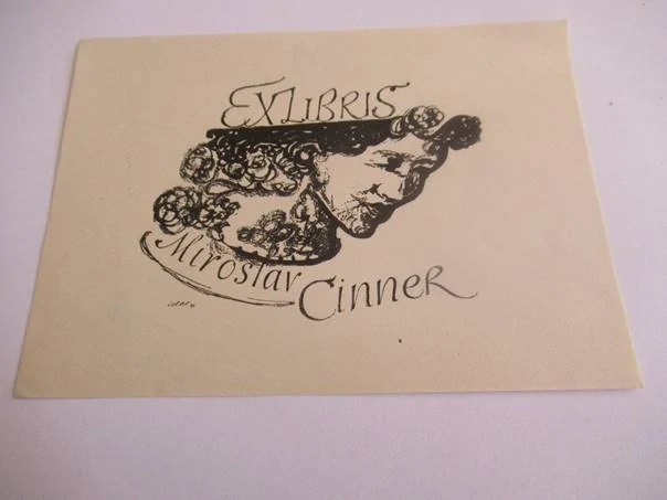 Exlibris – Miroslav Cinner – J. Solar – Portrét dívky v záplavě růží – zinkografie, 14×10 cm