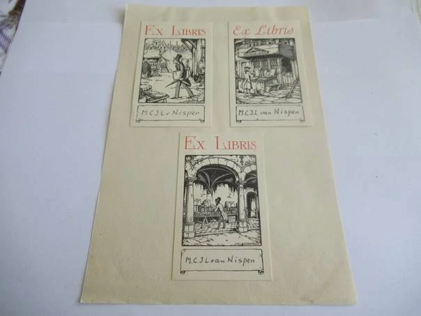 Konfluent 3 kusů exlibris – M. C. J. L. van Nispen – Anton Pieck – Historické knižní trhy a čítárna – zinkografie, podkladový papír 21×14 cm
