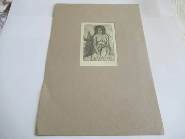 Exlibris – Josef Král – Corvi – Polonahá žena s dlouhými vlasy – v paspartě, pasparta 22×15,5 cm