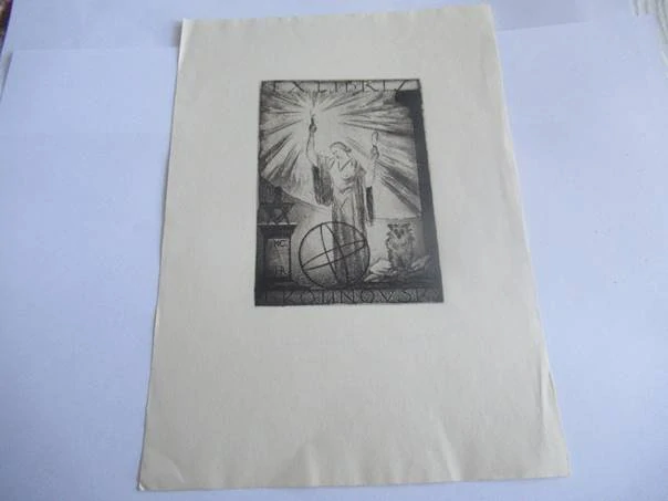 Exlibris – F. Kotrnovská – Alessandro de Pian – Alegorie Vědy s pochodní, sovou a astrolábem – lept (C3), 20×14,5 cm
