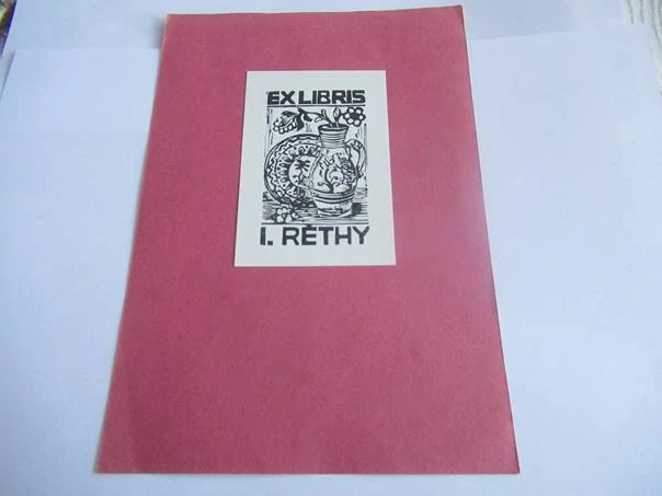 Exlibris – I. Réthy – Markál Tibor – Zátiší s lidovým džbánem a talířem – dřevoryt (X2), podkladový papír 20,5×14,5 cm