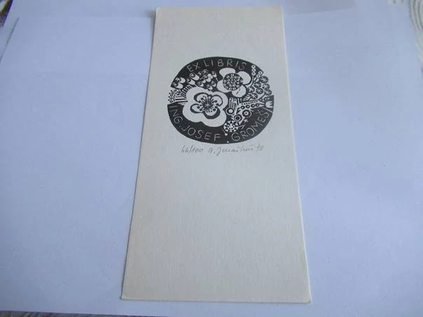 Exlibris – Ing. Josef Gromeš – Arna Juračková – Kruhová kytice s lidovými ornamenty – linoryt (X3), 21×9,5 cm