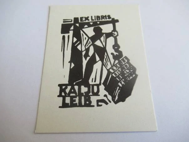 Exlibris – Kalju Leib – Jüri Arrak – Dělník u stavebního jeřábu – linoryt (X3), 8,5×6,5 cm