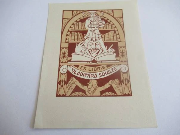 Exlibris – Vladimíra Schulze – Dvoubarevná alegorie čtenářství v renesančním oblouku – zinkografie, 14,5×10 cm