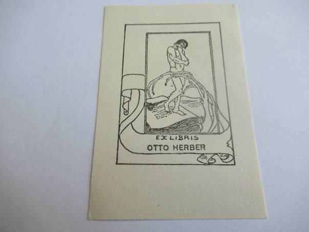 Exlibris – Otto Herber – Otto Herber – Zamýšlený mužský akt v krajině – zinkografie (P1), 10×6,5 cm