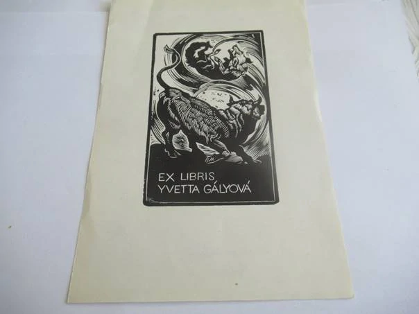 Exlibris – Yvetta Gályová – Harmos Károly – Souboj býka s vlkem ve víru – dřevoryt (X2), 21×14,5 cm