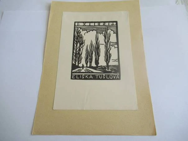 Exlibris – Eliška Tušlová – Alois Moravec – Topolová alej s poutníkem – dřevoryt (X2), podkladový papír 20,5×14,5 cm