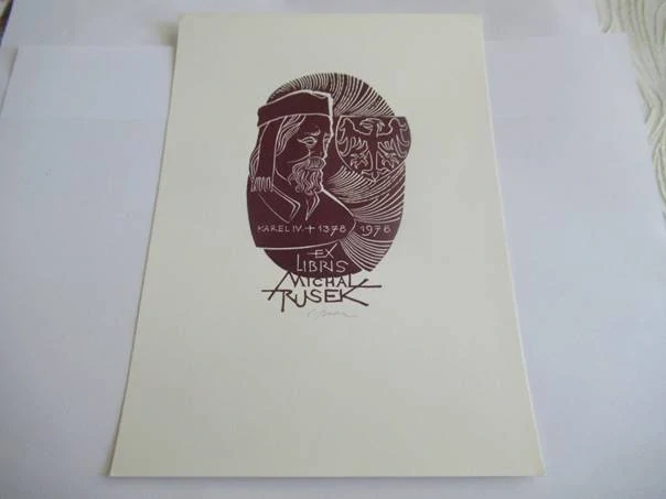 Exlibris – Michal Rusek – L. Rysek – Portrét Karla IV. se znakem orlice – linoryt (X3), 21×15 cm