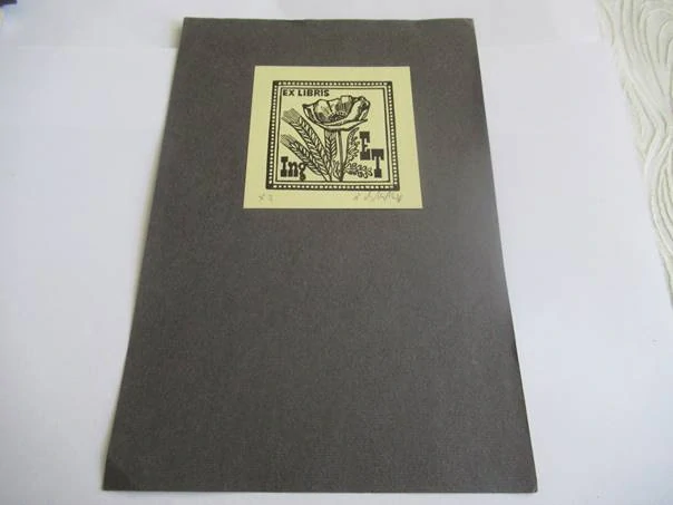 Exlibris – Ing. E. T. – V. Chrenko – Vlčí mák a obilné klasy – linoryt (X3), podkladový papír 21×14,5 cm