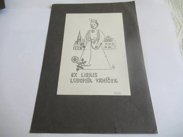 Exlibris – Lubomír Vaníček – Z. M. – Renesanční šlechtična, růže a historické město – zinkografie (P7) / perokresba, podkladový papír 20,5×14,5 cm
