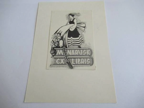 Exlibris – M. Narusk – Pille Otti – Žena v lidovém kroji se snopem obilí – zinkografie (P1), podkladový papír 15×10 cm