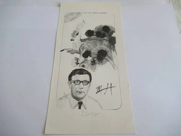 Exlibris – In memoriam Jaroslav Šváb – Portrét muže s brýlemi, zajíc a máky – dřevoryt (X2), 20,5×10 cm