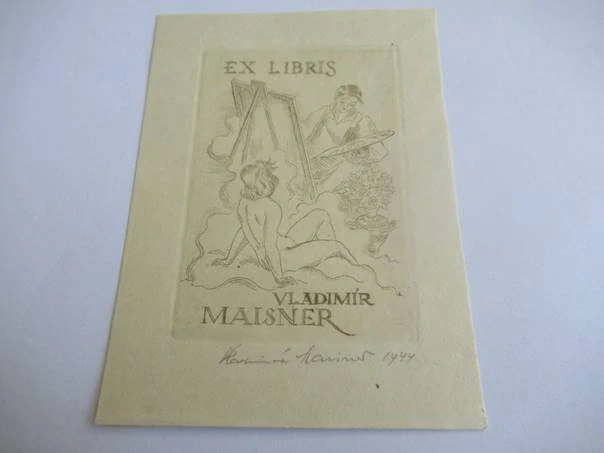 Ex Libris Vladimír Maisner – Vladimír Maisner – Akt ženy na oblaku pod malířským stojanem – lept / mědiryt (C2 / C1), tisk Karl Maisner, 12×8,5 cm
