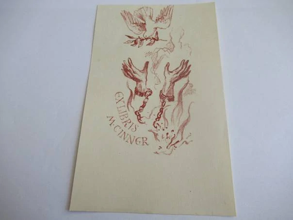 Exlibris – M. Cinner – Jaroslav Vodrážka – Ruce s roztrženými okovy a holubice míru – litografie (L1), 14,5×9 cm