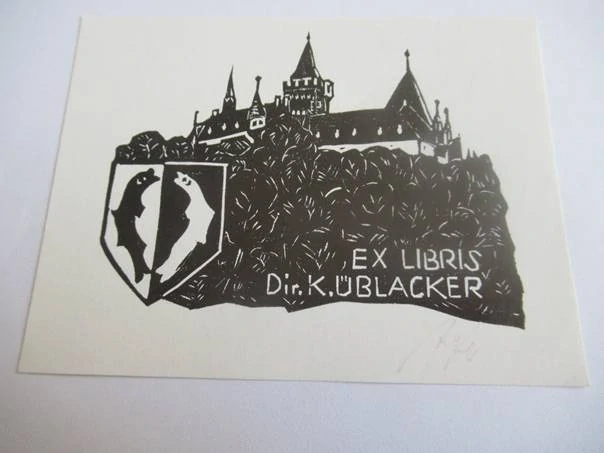 Exlibris – Dir. K. Üblacker – K.-H. Anger – Hrad Bouzov s erbem pánů z Kunštátu – linoryt (X3), 10,5×8 cm