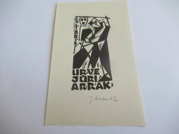 Exlibris – Urve Jüri Arrak – Jüri Arrak – Kubistická figura s maskami – linoryt (X3), 11×6,5 cm