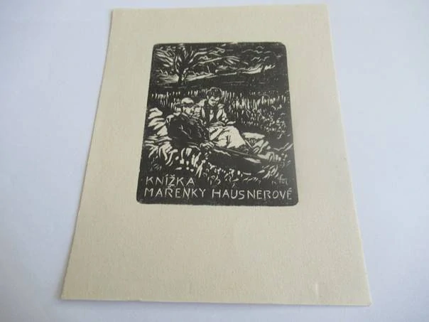 Exlibris – Knížka Mařenky Hausnerové – R. Tondl – Milenci v trávě pod stromem – dřevoryt / linoryt (X), 14×11,5 cm