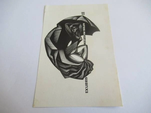 Exlibris – Mieczysław Bieleń – Anatolij Kalašnikov – Stylizovaný ženský akt v dynamické draperii – dřevoryt (X2), 10,5×7 cm