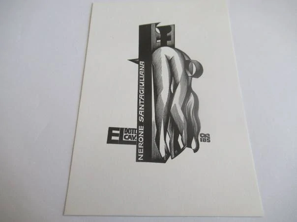 Exlibris – Nerone Santagiuliana – Anatolij Kalašnikov – Avantgardní ženský akt v geometrické konstrukci – dřevoryt (X2), 13,5×9,5 cm