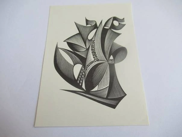 Exlibris – J. Souverein – Anatolij Kalašnikov – Avantgardní plachetnice ve víru vln – dřevoryt (X2), 12×8,5 cm