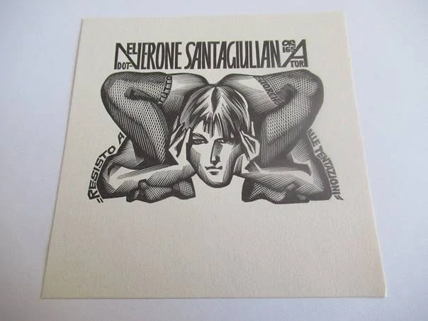 Exlibris – Nerone Santagiuliana – Anatolij Kalašnikov – Portrét muže s kontorsionistickým aktem (akrobacie) – dřevoryt (X2), 9×9 cm