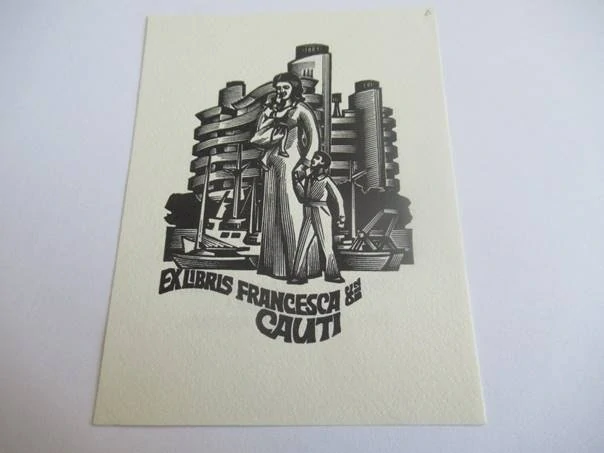 Exlibris – Francesca & Cauti – Anatolij Kalašnikov – Matka s dětmi v přístavu před moderní architekturou – dřevoryt (X2), 10×7,5 cm
