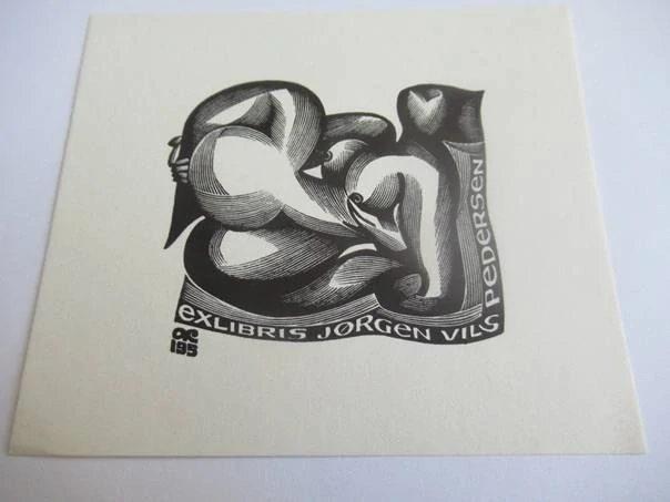 Exlibris – Jørgen Vils Pedersen – Anatolij Kalašnikov – Dynamický ženský akt v kubistických křivkách – dřevoryt (X2), 11×9,5 cm