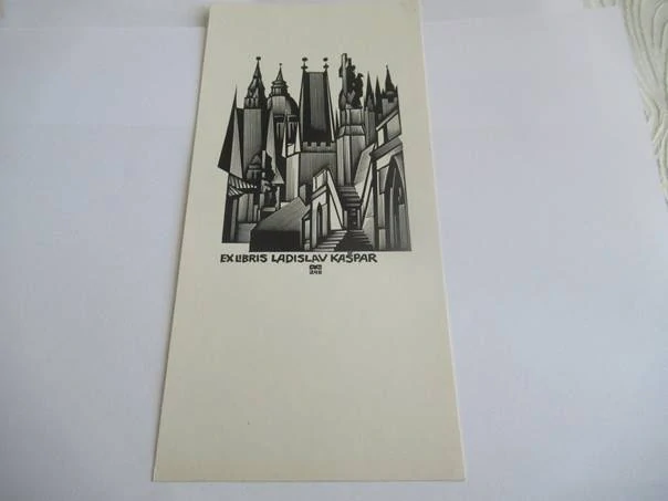 Exlibris – Ladislav Kaspar – Anatolij Kalašnikov – Staroměstská mostecká věž, Karlův most a pražské věže – dřevoryt (X2), 21×10 cm