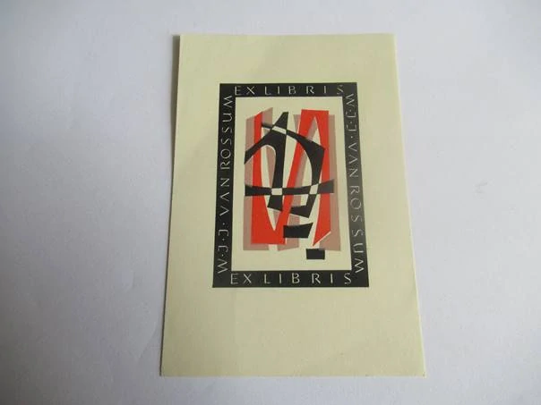 Exlibris – W. J. J. van Rossum – Krzywka – Konstruktivistická typografická kompozice – barevný linoryt (X3/3), 10×7 cm