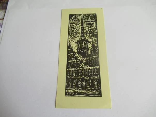 Exlibris – Jørgen Vils Pedersen – Bronisław Józef Tomecki – Architektura s kostelní věží – původní linoryt (X3), 15,5×7 cm