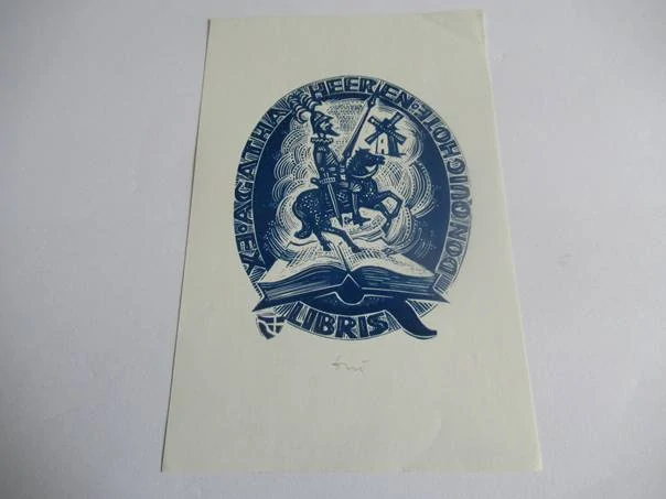 Exlibris – Agatha Heeren – Jerzy Drużycki – Don Quijote a větrný mlýn – původní plastoryt (X6), 14×9 cm