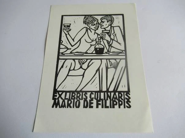 Exlibris – Mario de Filippis – Costante Costantini – Exlibris culinaris (Pár u stolu) – původní linoryt (X3), 14,5×10,5 cm