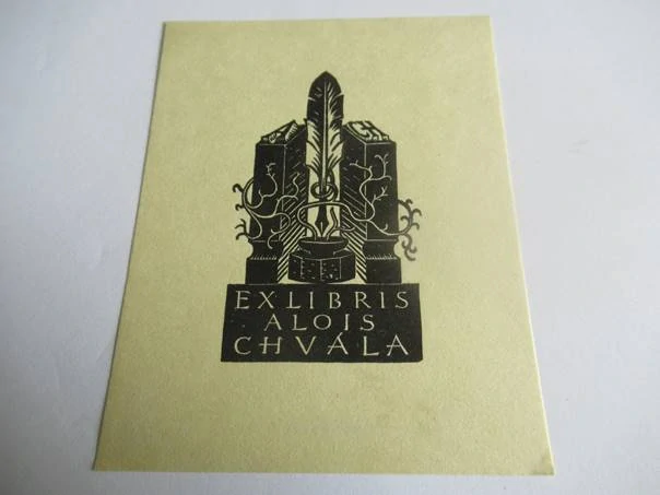 Exlibris – Alois Chvála – Tiskařský motiv s brkem a štočky – původní dřevoryt (X2), 10×8 cm