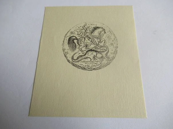 Exlibris – Jiří Záloha – Bedřich Valdauf – Svatý Jiří bojující s drakem – původní zinkografie / perokresba, 9×7,5 cm