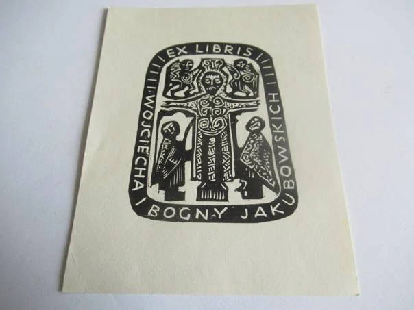 Exlibris – Wojciech i Bogna Jakubowscy – Stefania Dretler-Flin – Sakrální motiv s Ukřižováním – původní linoryt (X3), 12×9,5 cm