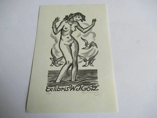 Exlibris – W. J. Götz – István Drahos – Zrození Venuše (Akt ženy v moři s racky) – původní dřevoryt (X2), 11×7 cm