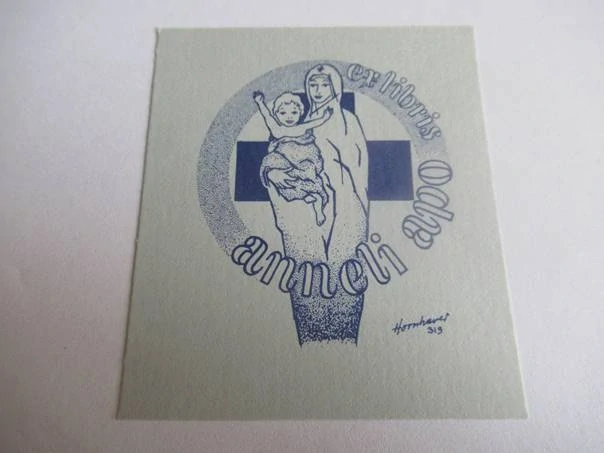 Exlibris – Anneli Apo – Hans Christian Hornhaver – Madona s dítětem a kříž – původní zinkografie / offset, 7×6 cm