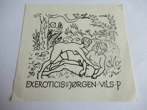 Exeroticis – Jørgen Vils P. – Yngve Forsblom – Erotický výjev v přírodě – původní zinkografie / perokresba, 11×10 cm