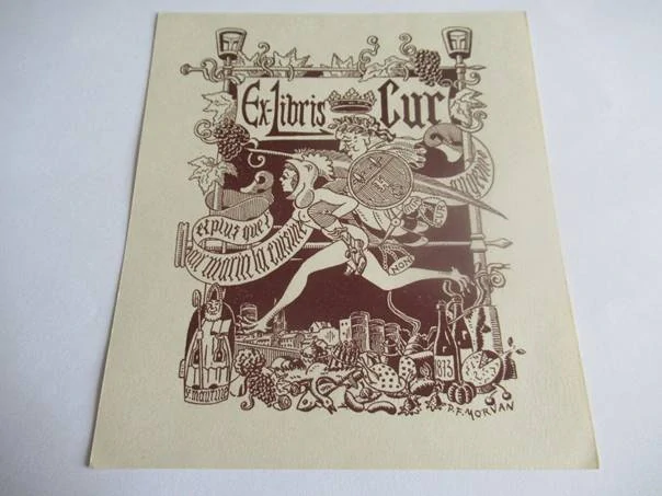 Ex-Libris Cur – P. F. Morvan – Alegorický běh za gastronomií a vínem – původní zinkografie / perokresba, 13,5×12 cm
