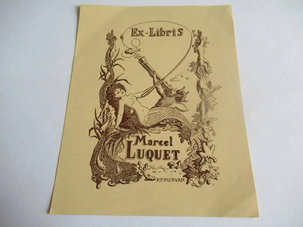 Ex-Libris – Marcel Luquet – P. F. Morvan – Mořská panna, faun a podmořský svět – původní zinkografie / perokresba, 13,5×10,5 cm