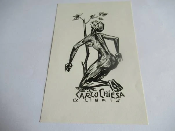 Exlibris – Carlo Chiesa – A. I. Poljakov – Klečící ženský akt u rašícího stromku – původní dřevoryt (X2), 14,5×9,5 cm