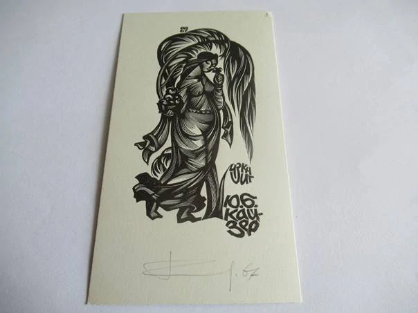 Exlibris – Ju. B. Kajzer – Anatolij Ivanovič Kalašnikov – Žena s košíkem ovoce pod palmou – původní dřevoryt (X2), 12×6,5 cm