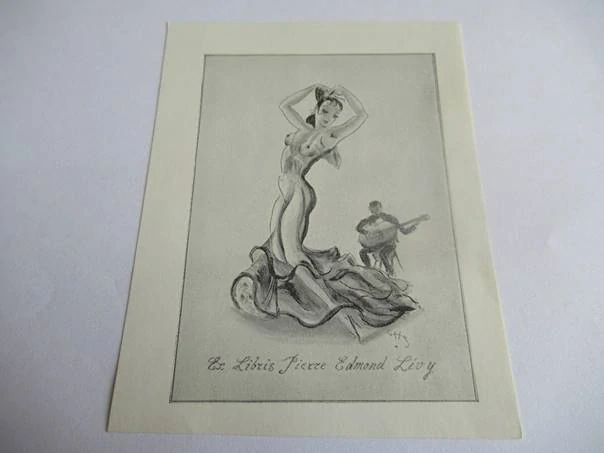 Exlibris – Pierre Edmond Lévy – Albert Coppa – Flamenco s kytaristou (Španělský motiv) – původní zinkografie / perokresba, 10,5×8 cm