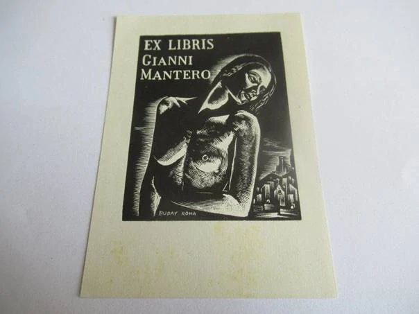 Exlibris – Gianni Mantero – George Buday – Ženský akt s noční scenérií města (Řím) – původní dřevoryt (X2), 8,5×6 cm