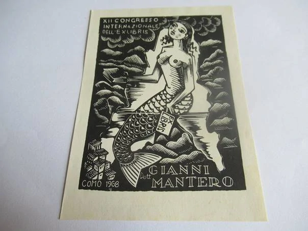 Exlibris – Gianni Mantero – Antoni Gelabert – Mořská panna u jezera Como – původní dřevoryt (X2), 11×8 cm