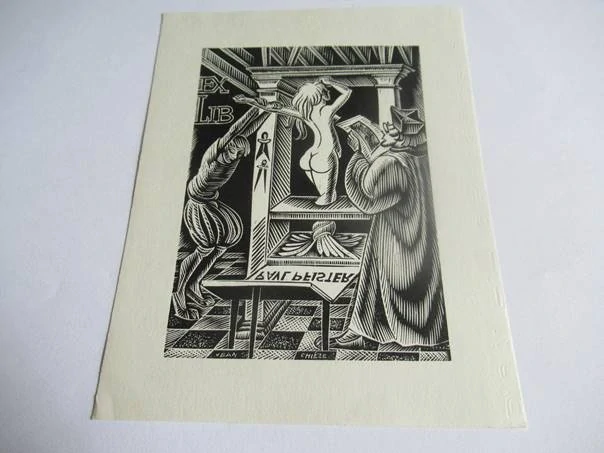 Exlibris – Paul Pfister – Jean Chièze – Renesanční tiskařská dílna s aktem – původní dřevoryt (X2), 13,5×10,5 cm