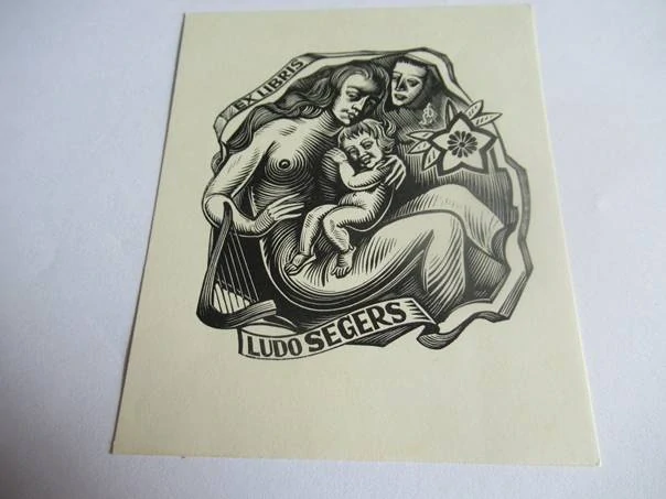 Exlibris – Ludo Segers – Luc De Jaegher – Madona s dítětem, harfou a květem – původní dřevoryt (X2), 10×8,5 cm