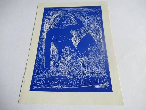 Exlibris – Norbert Ott – H. Ott – Ženský akt v kvetoucí louce – původní linoryt / dřevoryt, 14×10,5 cm