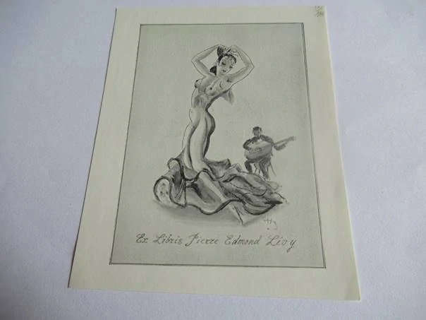 Exlibris – Pierre Edmond Lévy – Albert Coppa – Flamenco s kytaristou (Španělský motiv) – původní zinkografie / perokresba, 10,5×8 cm