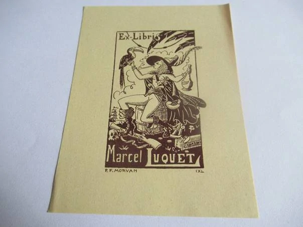 Exlibris – Marcel Luquet – P. F. Morvan – Pirátský motiv s tukanem a pokladem – původní zinkografie / perokresba, 11×8,5 cm